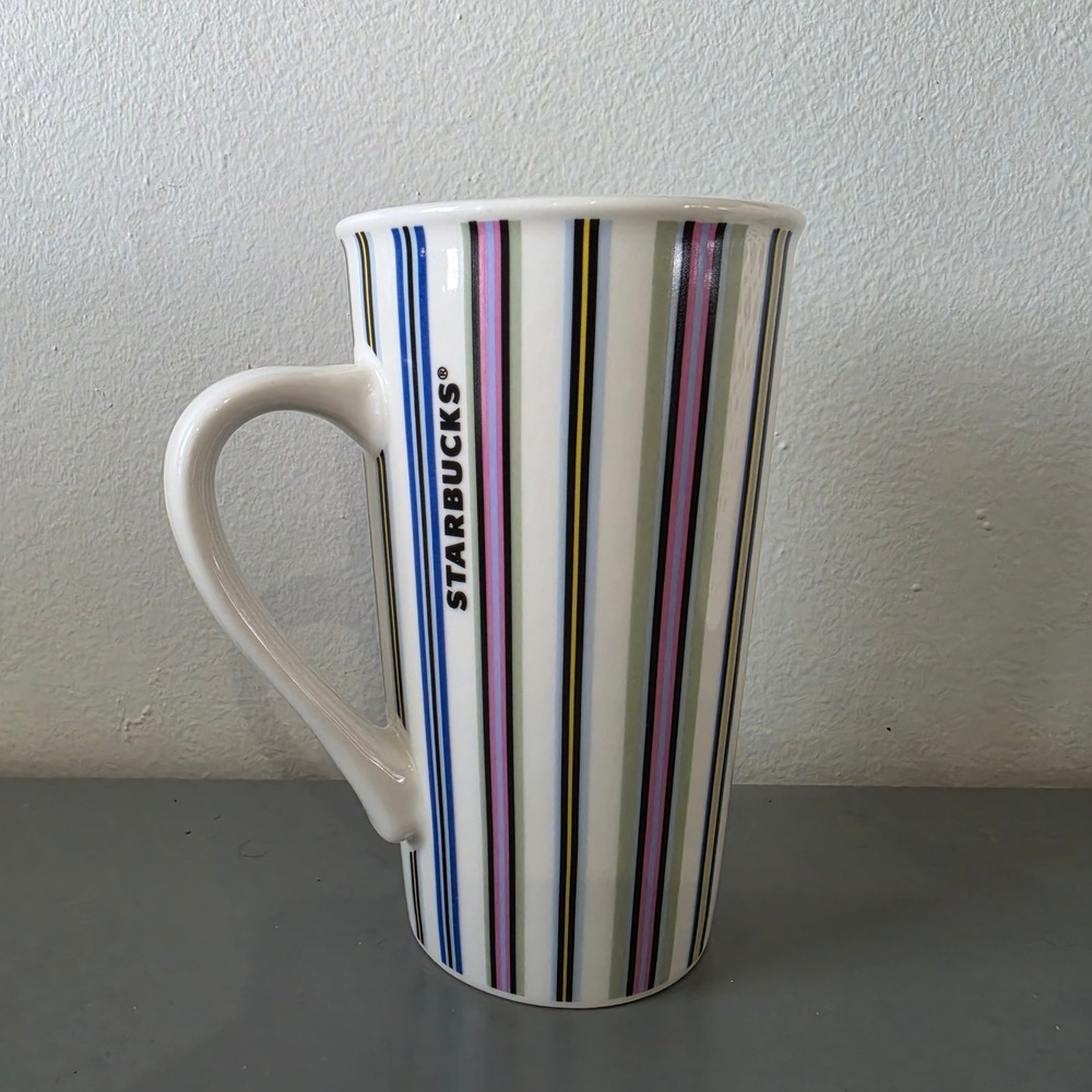 Starbucks 16oz Ceramic Coffee Mug Cup Multi Color Stripes Tall Tapered White